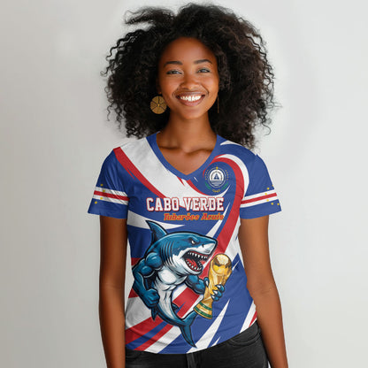 Custom World Football 2026 Cabo Verde Women V-Neck T-Shirt Blue Shark Champions Trophy