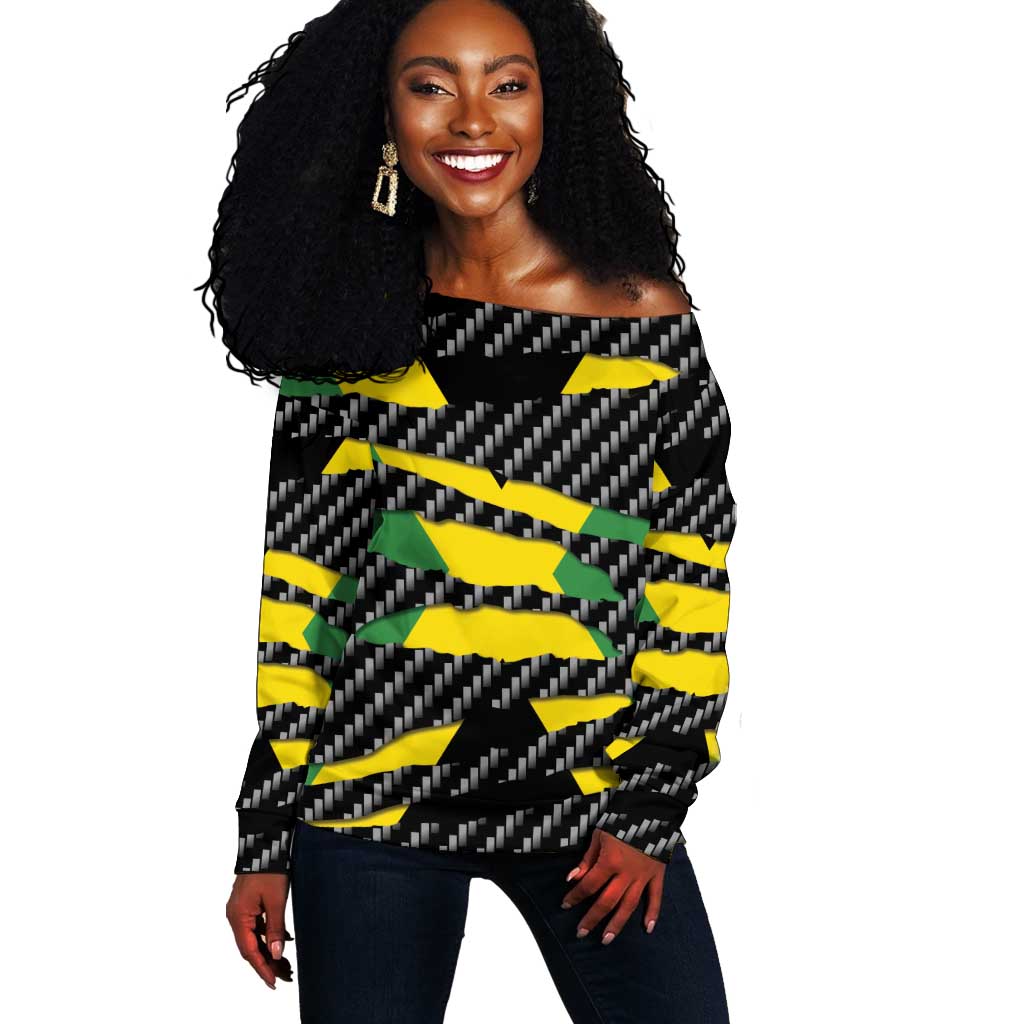 Black Jamaicans Jamaica Beast Off Shoulder Sweater Ripped Flag Graphic - African Pride