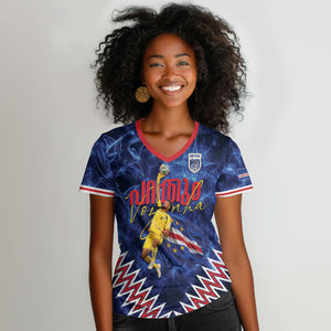 Cabo Verde Goalkeeper Vozinha Women V-Neck T-Shirt The Blue Wall Legend Glory