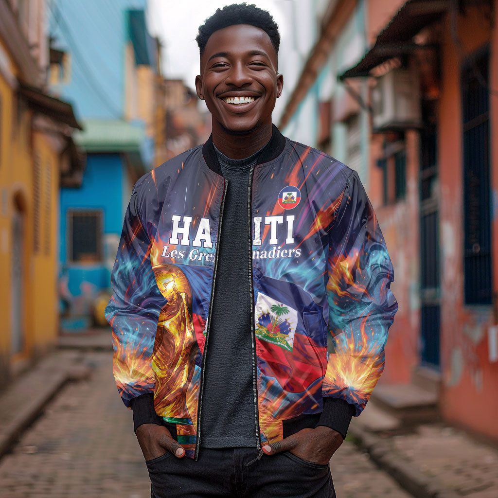 Personalized World Football 2026 Afro Haiti Bomber Jacket Les Grenadiers Trophy Flag Art