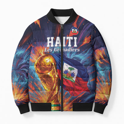 Personalized World Football 2026 Afro Haiti Bomber Puffer Jacket Les Grenadiers Trophy Flag Art