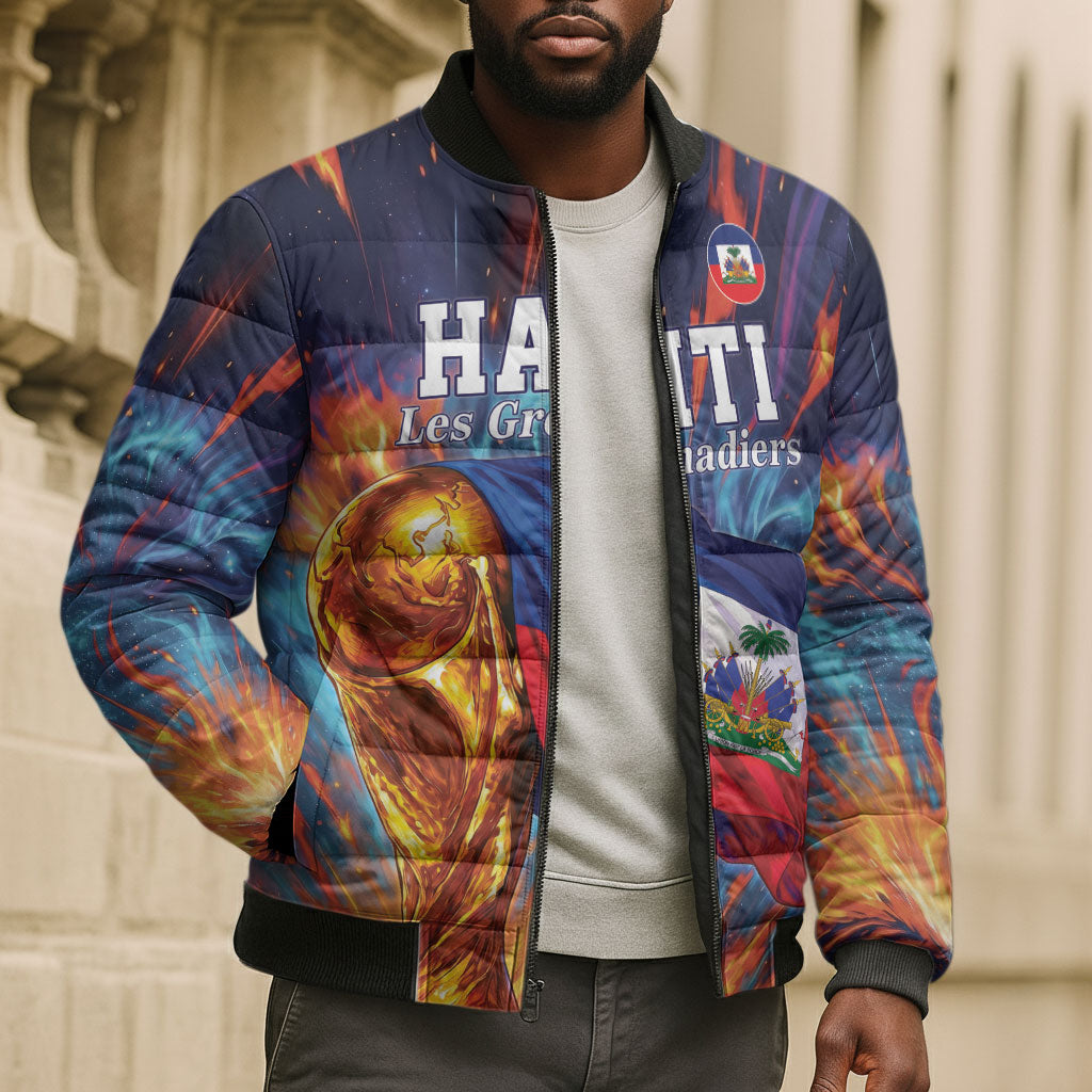 Personalized World Football 2026 Afro Haiti Bomber Puffer Jacket Les Grenadiers Trophy Flag Art