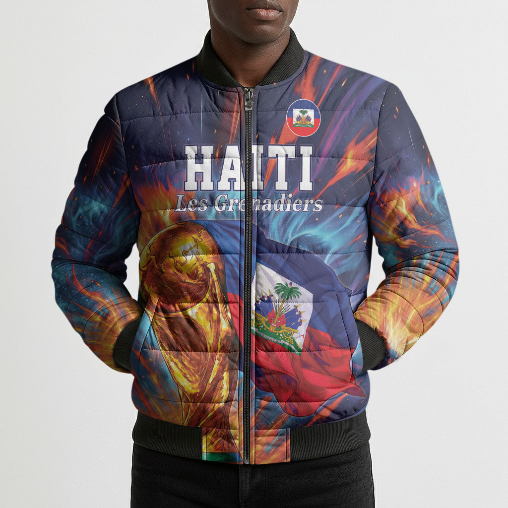 Personalized World Football 2026 Afro Haiti Bomber Puffer Jacket Les Grenadiers Trophy Flag Art