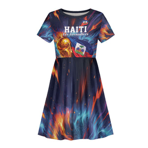 Personalized World Football 2026 Afro Haiti Kid Short Sleeve Dress Les Grenadiers Trophy Flag Art