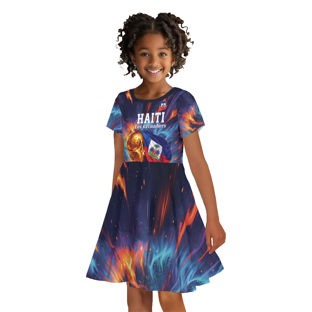 Personalized World Football 2026 Afro Haiti Kid Short Sleeve Dress Les Grenadiers Trophy Flag Art