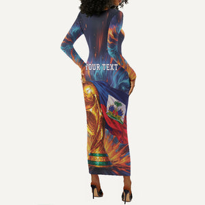 Personalized World Football 2026 Afro Haiti Long Sleeve Bodycon Dress Les Grenadiers Trophy Flag Art