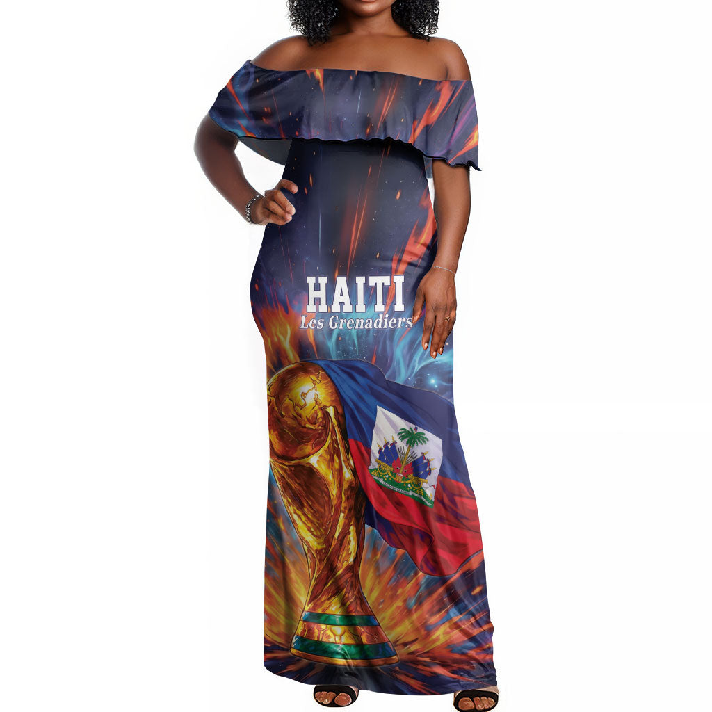 Personalized World Football 2026 Afro Haiti Off Shoulder Maxi Dress Les Grenadiers Trophy Flag Art