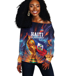 Personalized World Football 2026 Afro Haiti Off Shoulder Sweater Les Grenadiers Trophy Flag Art