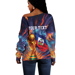 Personalized World Football 2026 Afro Haiti Off Shoulder Sweater Les Grenadiers Trophy Flag Art