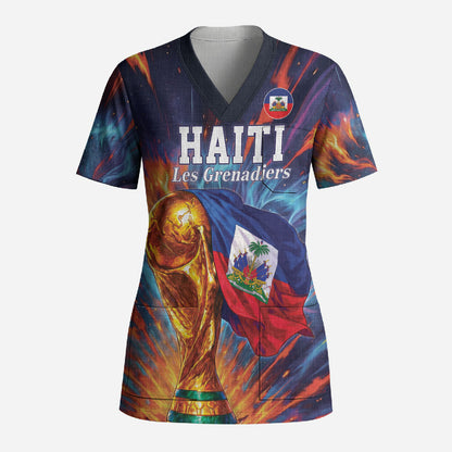Personalized World Football 2026 Afro Haiti Scrub Top Les Grenadiers Trophy Flag Art