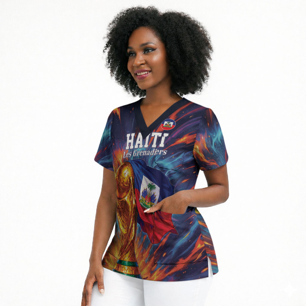 Personalized World Football 2026 Afro Haiti Scrub Top Les Grenadiers Trophy Flag Art