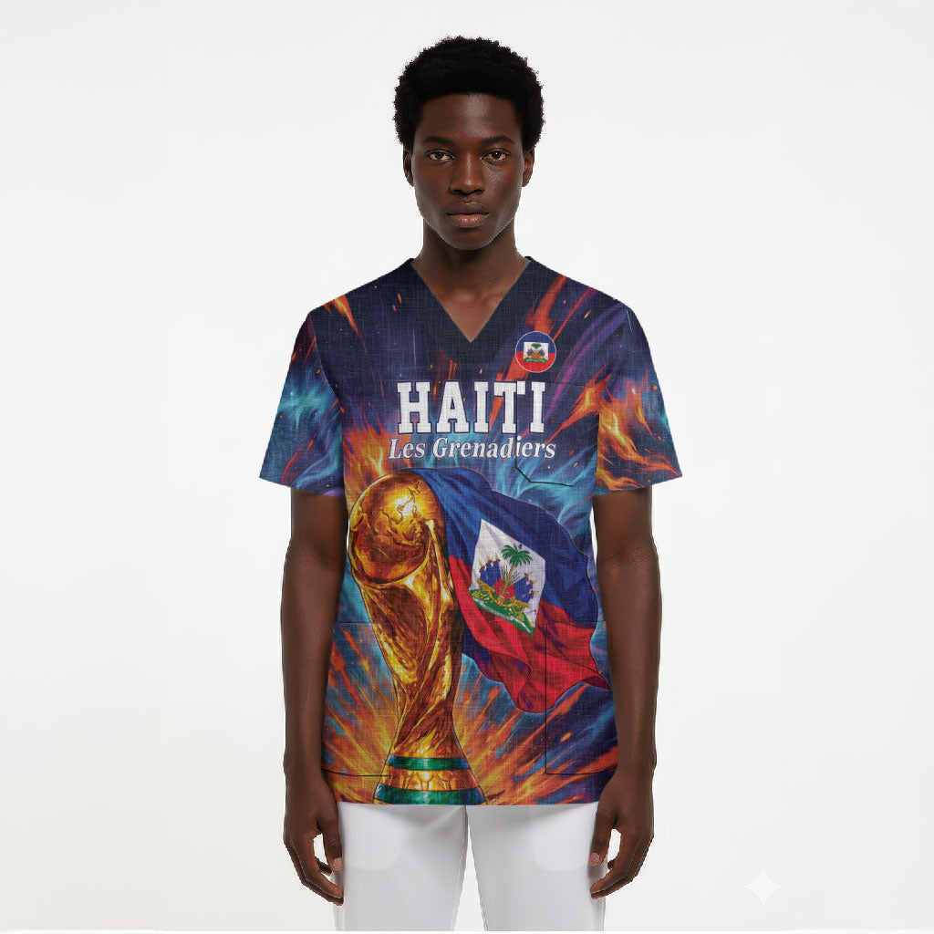 Personalized World Football 2026 Afro Haiti Scrub Top Les Grenadiers Trophy Flag Art
