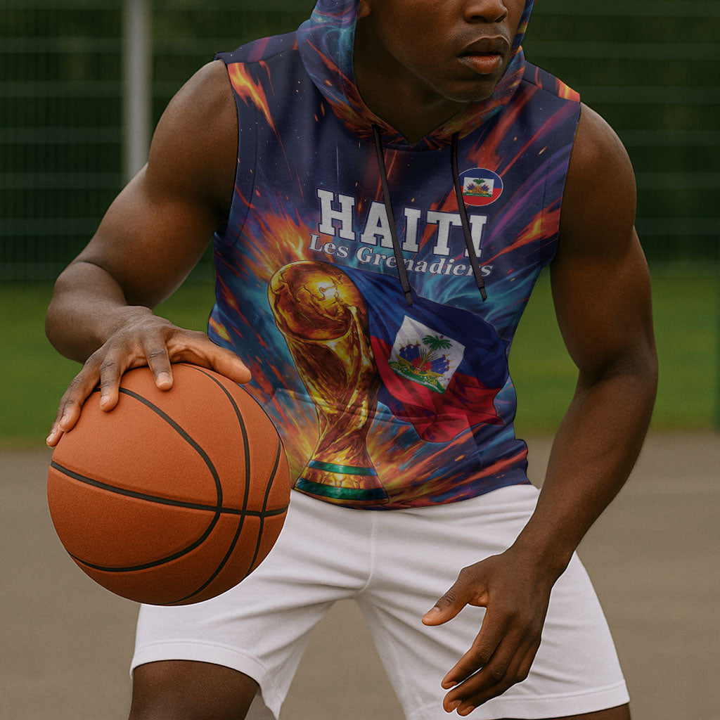 Personalized World Football 2026 Afro Haiti Sleeveless Hoodie Les Grenadiers Trophy Flag Art