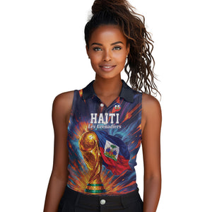 Personalized World Football 2026 Afro Haiti Women Sleeveless Polo Shirt Les Grenadiers Trophy Flag Art