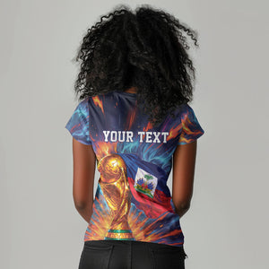 Personalized World Football 2026 Afro Haiti Women V-Neck T-Shirt Les Grenadiers Trophy Flag Art