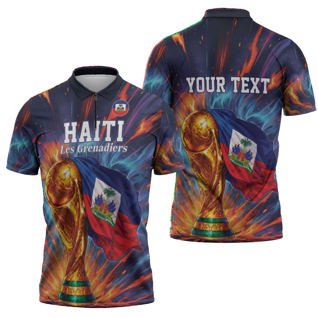 Personalized World Football 2026 Afro Haiti Zipper Polo Shirt Les Grenadiers Trophy Flag Art