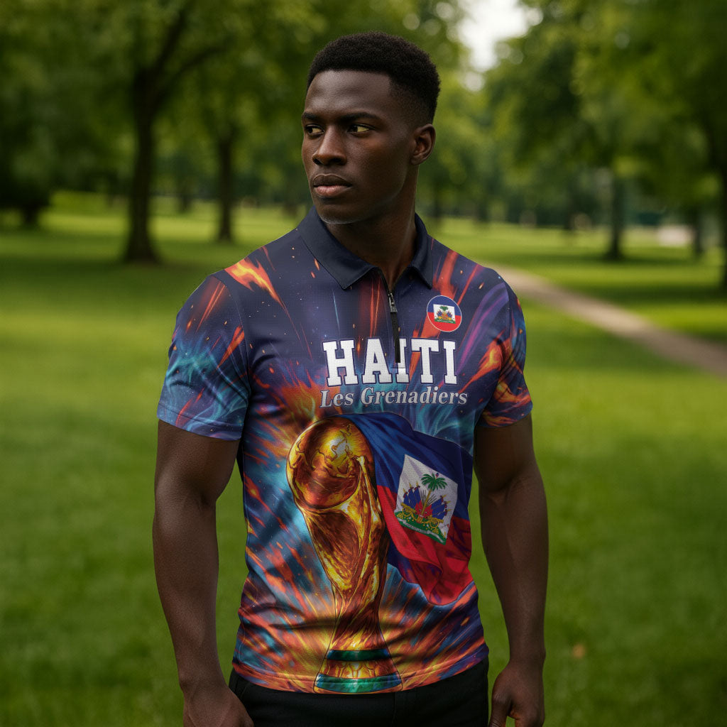 Personalized World Football 2026 Afro Haiti Zipper Polo Shirt Les Grenadiers Trophy Flag Art