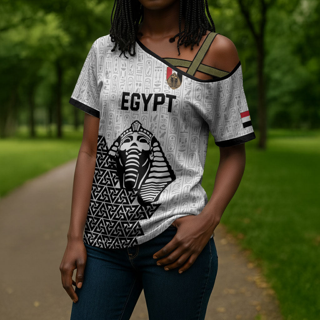 Custom World Football 2026 Egypt Cross Shoulder Shirt Pharaohs Hieroglyphs Pride White Version