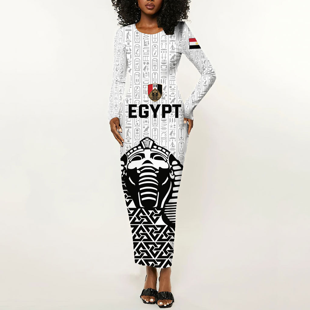 Custom World Football 2026 Egypt Long Sleeve Bodycon Dress Pharaohs Hieroglyphs Pride White Version