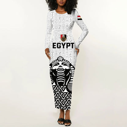 Custom World Football 2026 Egypt Long Sleeve Bodycon Dress Pharaohs Hieroglyphs Pride White Version