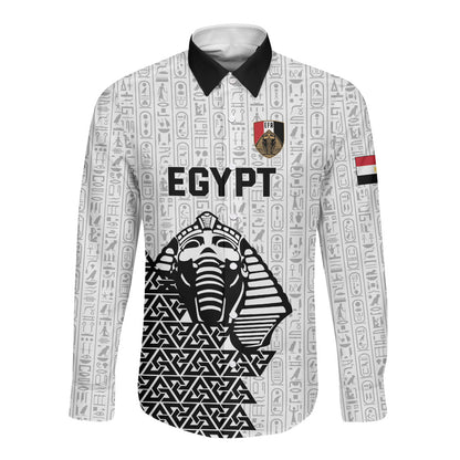 Custom World Football 2026 Egypt Long Sleeve Button Shirt Pharaohs Hieroglyphs Pride White Version