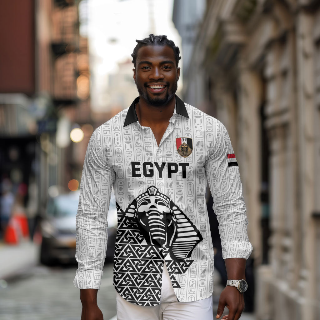 Custom World Football 2026 Egypt Long Sleeve Button Shirt Pharaohs Hieroglyphs Pride White Version