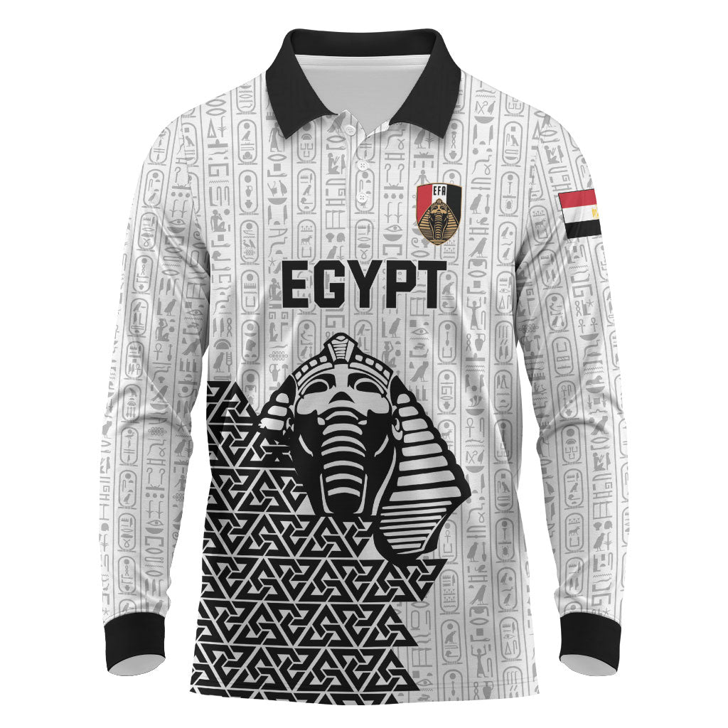 Custom World Football 2026 Egypt Long Sleeve Polo Shirt Pharaohs Hieroglyphs Pride White Version