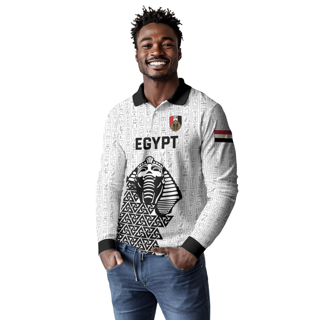 Custom World Football 2026 Egypt Long Sleeve Polo Shirt Pharaohs Hieroglyphs Pride White Version