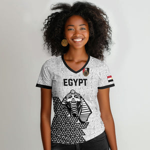 Custom World Football 2026 Egypt Women V-Neck T-Shirt Pharaohs Hieroglyphs Pride White Version