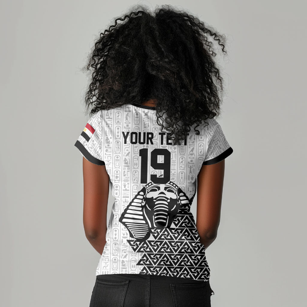 Custom World Football 2026 Egypt Women V-Neck T-Shirt Pharaohs Hieroglyphs Pride White Version