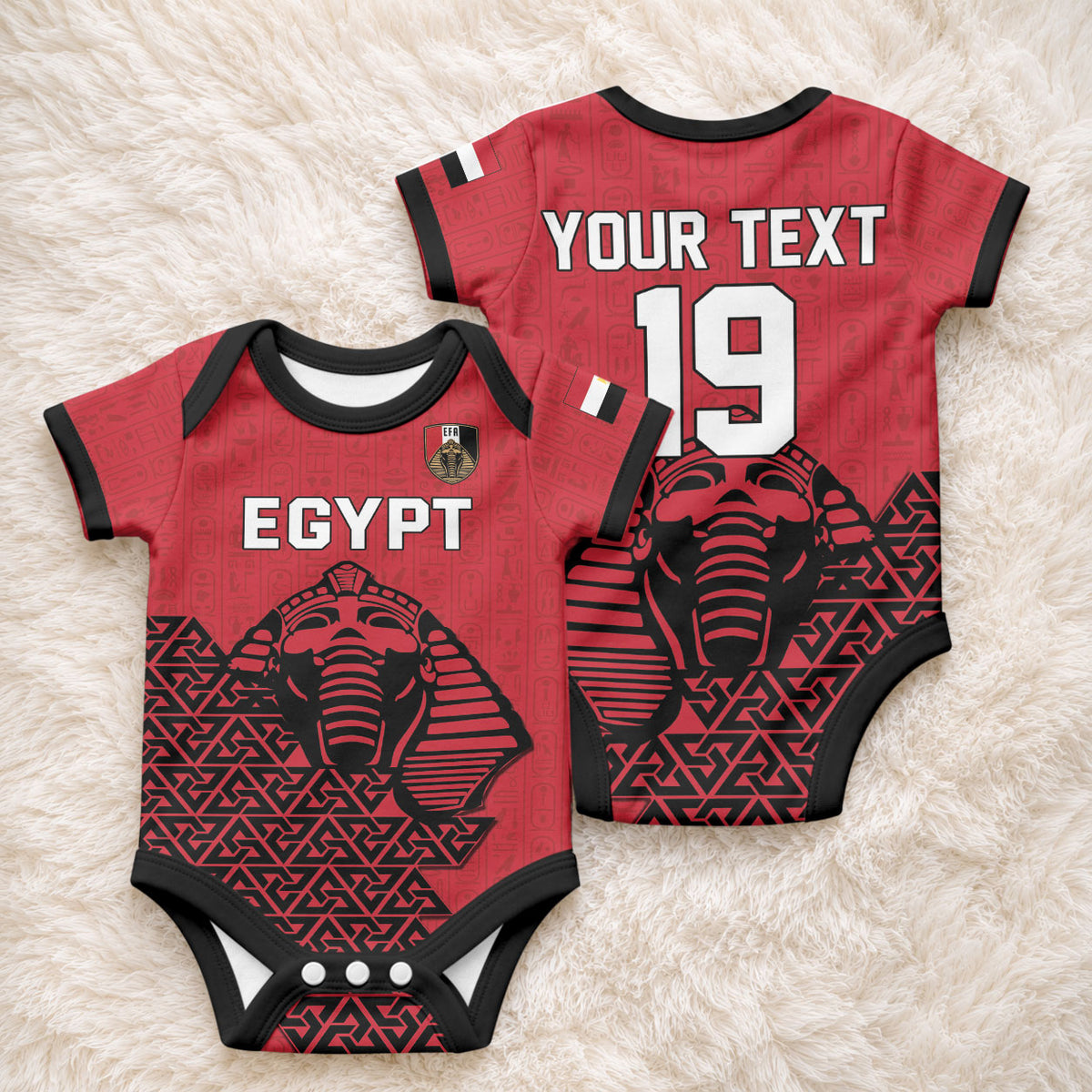 Custom World Football 2026 Egypt Baby Onesie Pharaohs Hieroglyphs Pride Red Version