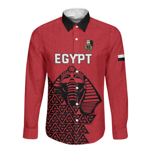 Custom World Football 2026 Egypt Long Sleeve Button Shirt Pharaohs Hieroglyphs Pride Red Version