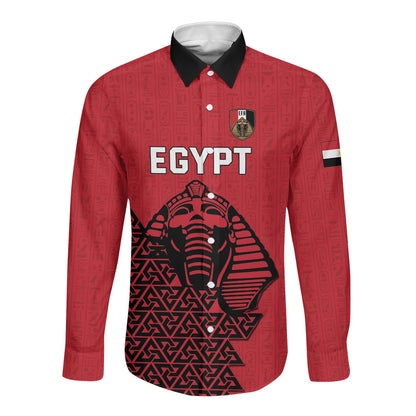 Custom World Football 2026 Egypt Long Sleeve Button Shirt Pharaohs Hieroglyphs Pride Red Version