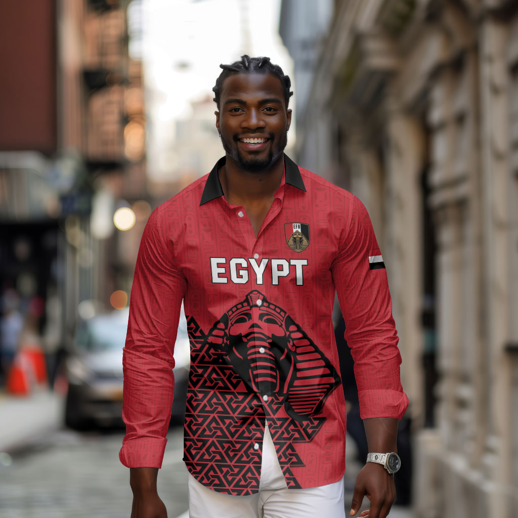 Custom World Football 2026 Egypt Long Sleeve Button Shirt Pharaohs Hieroglyphs Pride Red Version