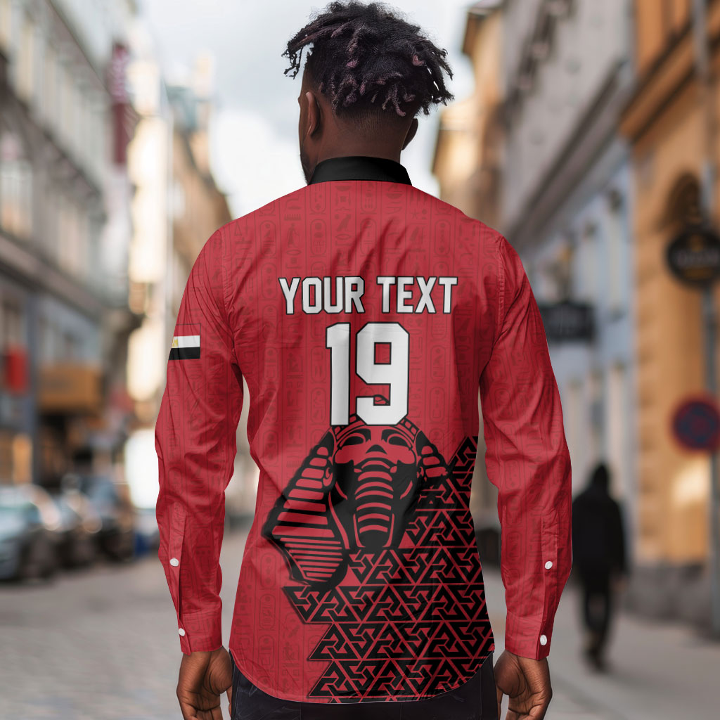 Custom World Football 2026 Egypt Long Sleeve Button Shirt Pharaohs Hieroglyphs Pride Red Version