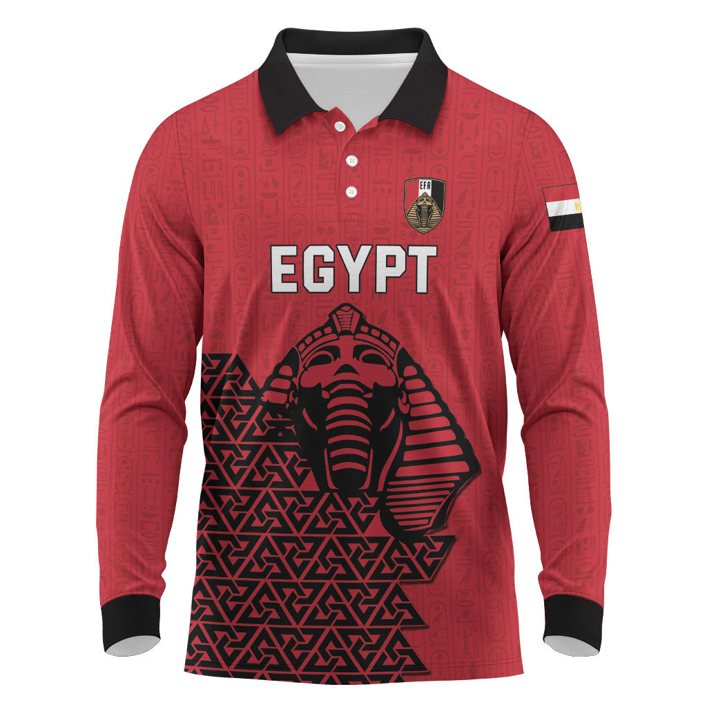 Custom World Football 2026 Egypt Long Sleeve Polo Shirt Pharaohs Hieroglyphs Pride Red Version
