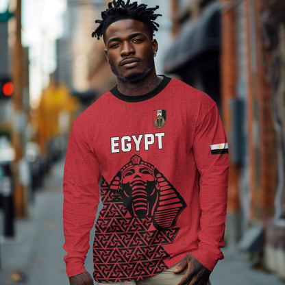 Custom World Football 2026 Egypt Long Sleeve Shirt Pharaohs Hieroglyphs Pride Red Version