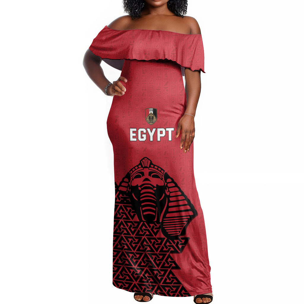 Custom World Football 2026 Egypt Off Shoulder Maxi Dress Pharaohs Hieroglyphs Pride Red Version