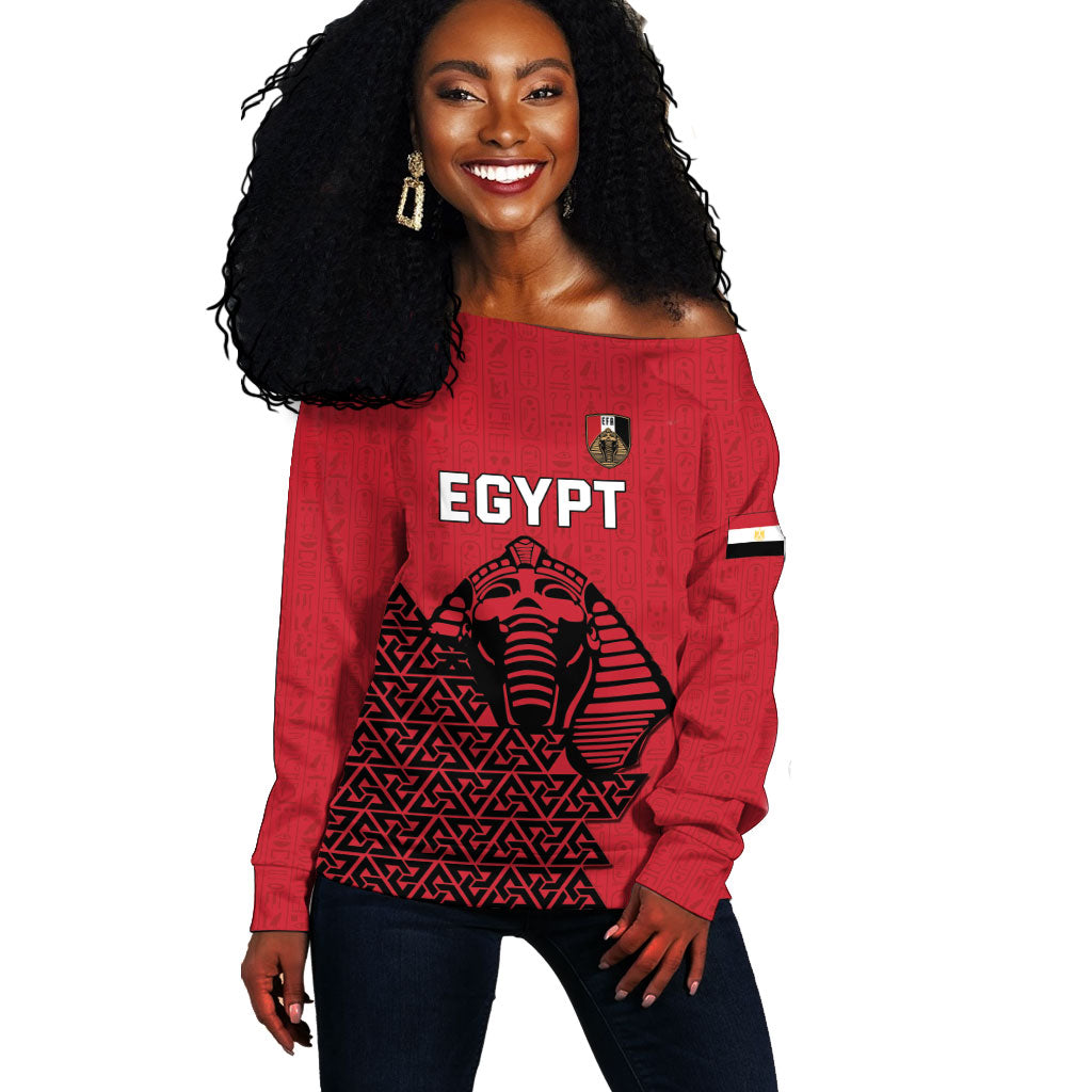 Custom World Football 2026 Egypt Off Shoulder Sweater Pharaohs Hieroglyphs Pride Red Version