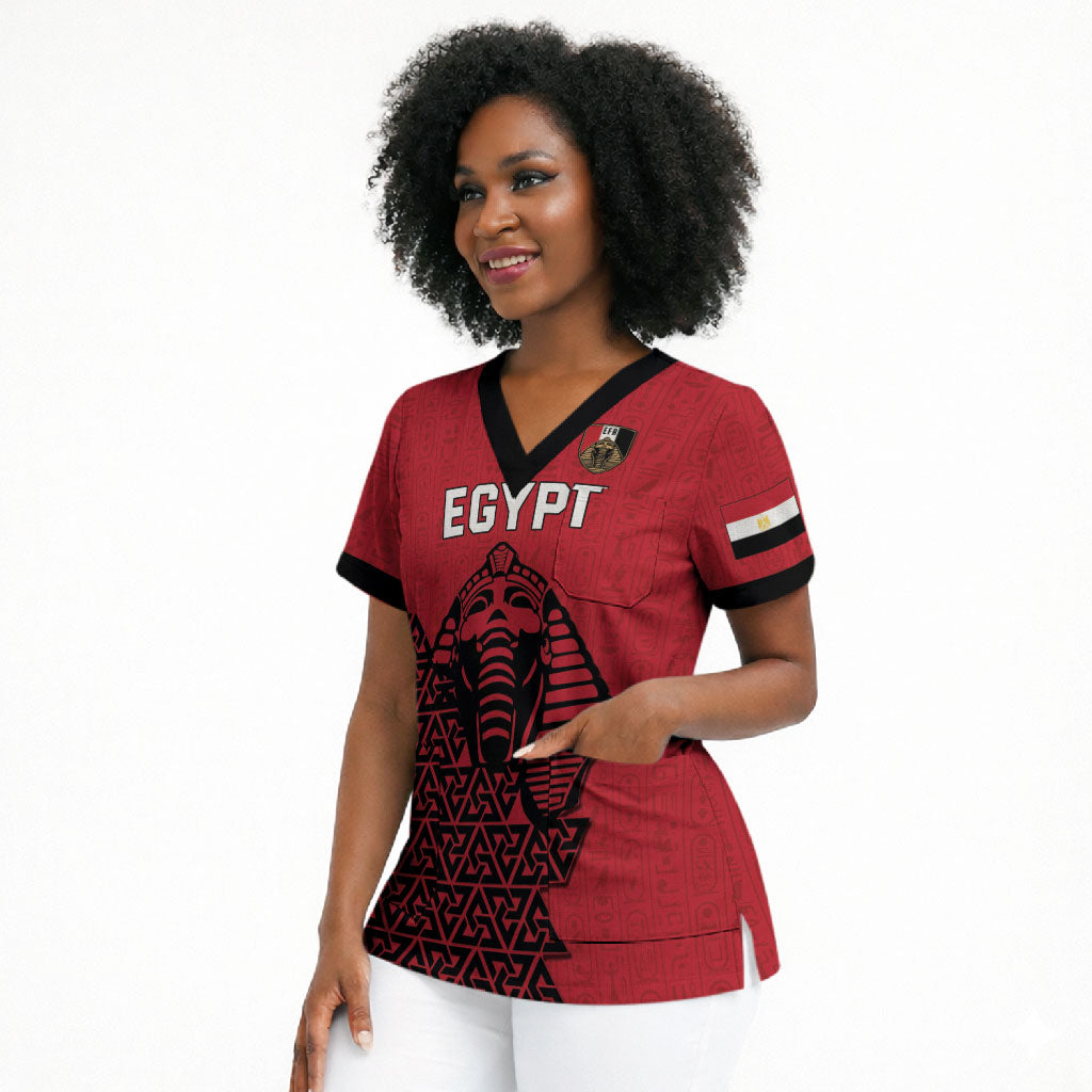 Custom World Football 2026 Egypt Scrub Top Pharaohs Hieroglyphs Pride Red Version