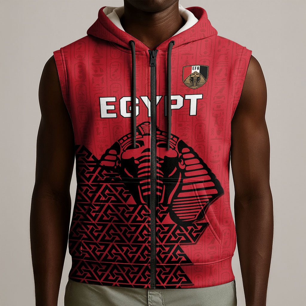 Custom World Football 2026 Egypt Sleeveless Zip Hoodie Pharaohs Hieroglyphs Pride Red Version