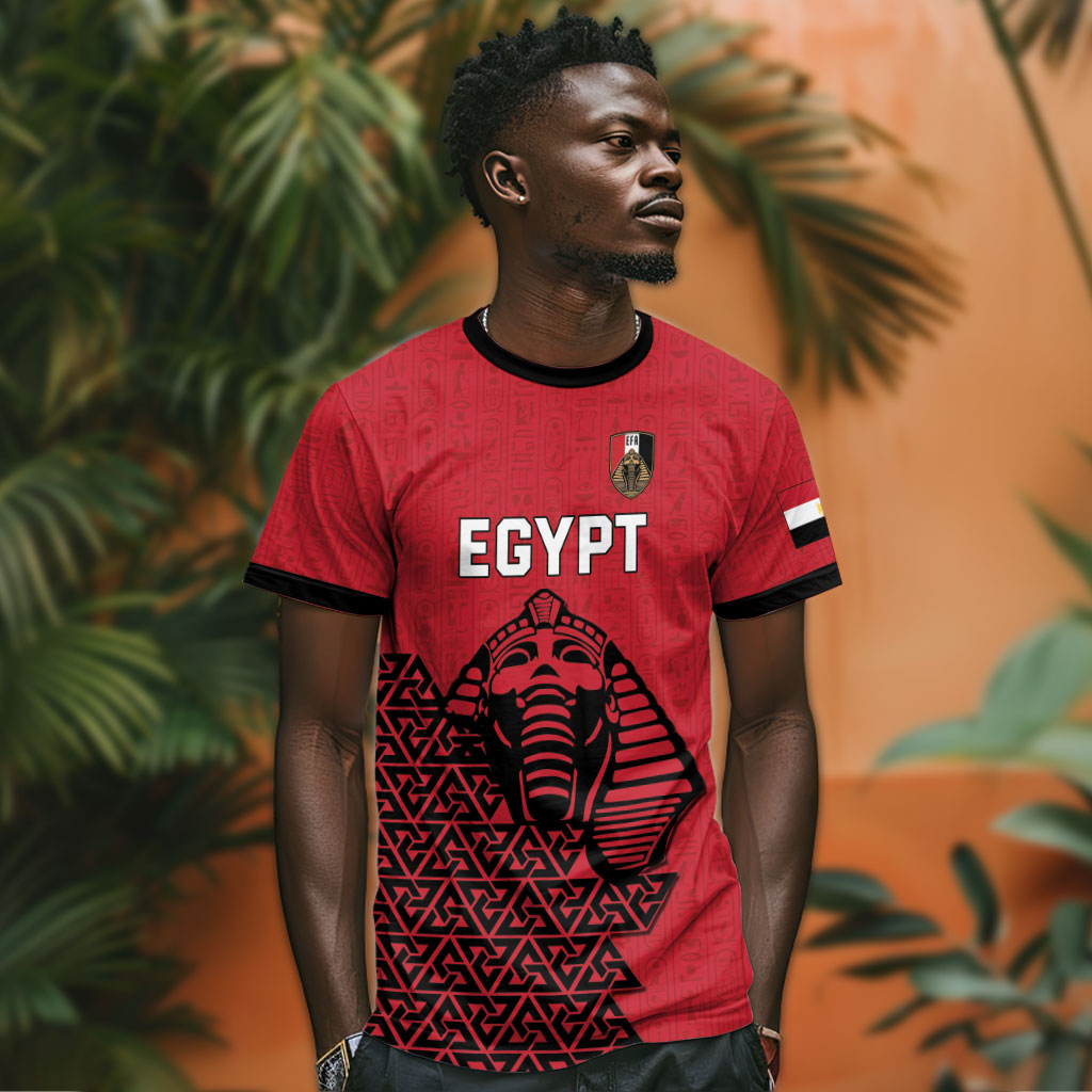 Custom World Football 2026 Egypt T shirt Pharaohs Hieroglyphs Pride Red Version