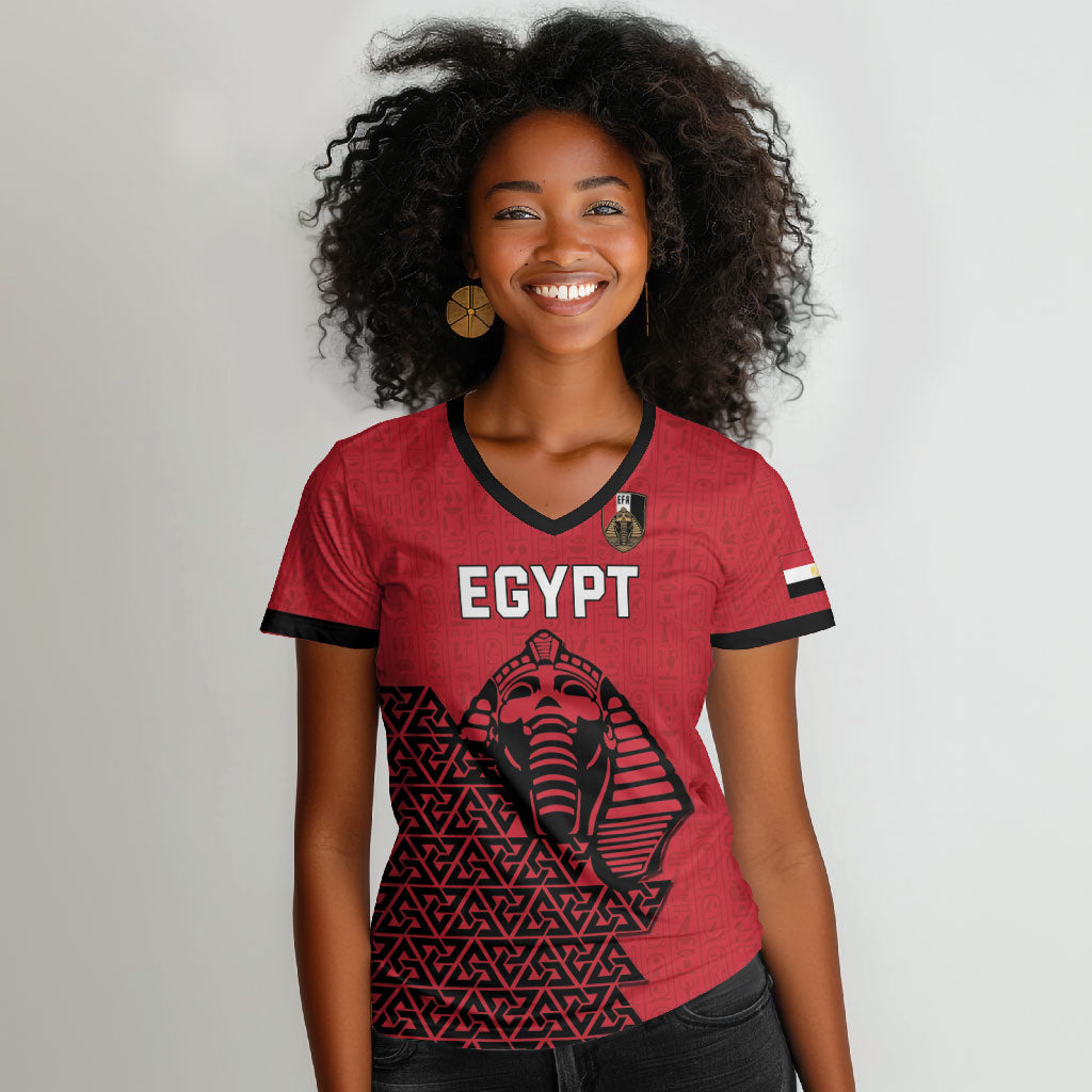 Custom World Football 2026 Egypt Women V-Neck T-Shirt Pharaohs Hieroglyphs Pride Red Version