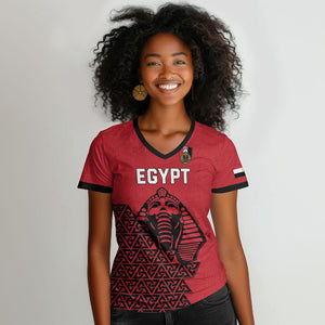 Custom World Football 2026 Egypt Women V-Neck T-Shirt Pharaohs Hieroglyphs Pride Red Version