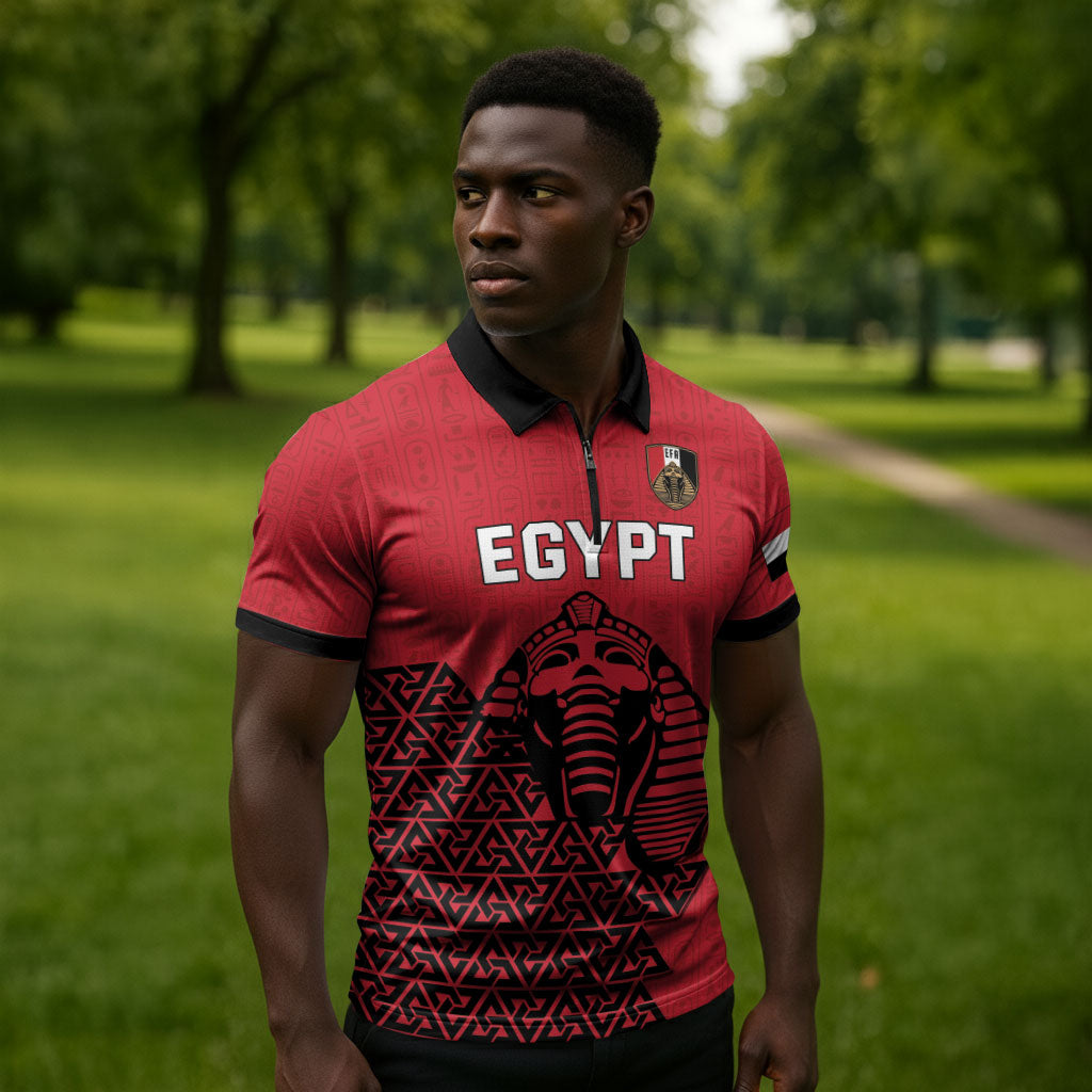 Custom World Football 2026 Egypt Zipper Polo Shirt Pharaohs Hieroglyphs Pride Red Version