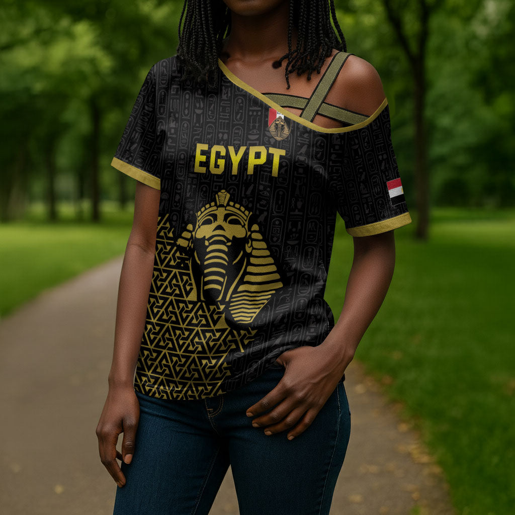Custom World Football 2026 Egypt Cross Shoulder Shirt Pharaohs Hieroglyphs Pride Black Version