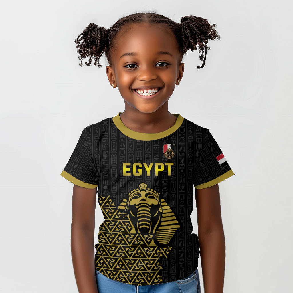 Custom World Football 2026 Egypt Kid T shirt Pharaohs Hieroglyphs Pride Black Version
