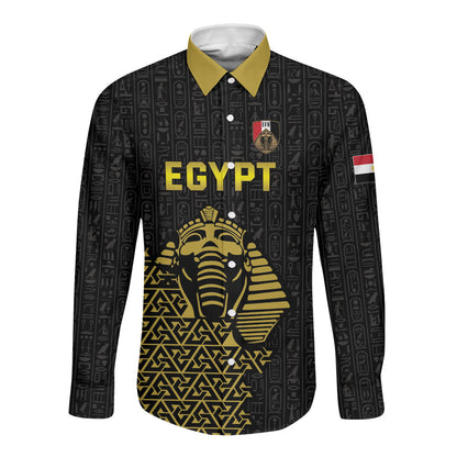 Custom World Football 2026 Egypt Long Sleeve Button Shirt Pharaohs Hieroglyphs Pride Black Version
