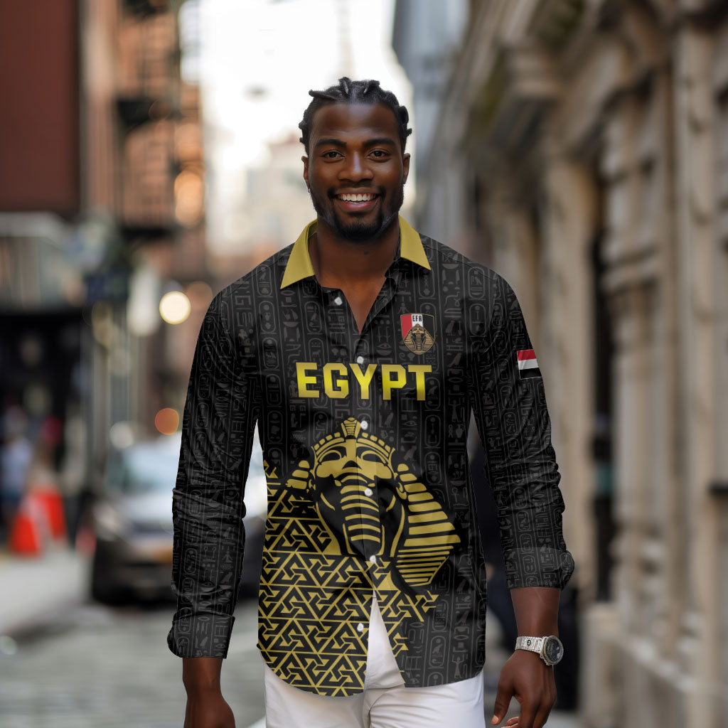 Custom World Football 2026 Egypt Long Sleeve Button Shirt Pharaohs Hieroglyphs Pride Black Version