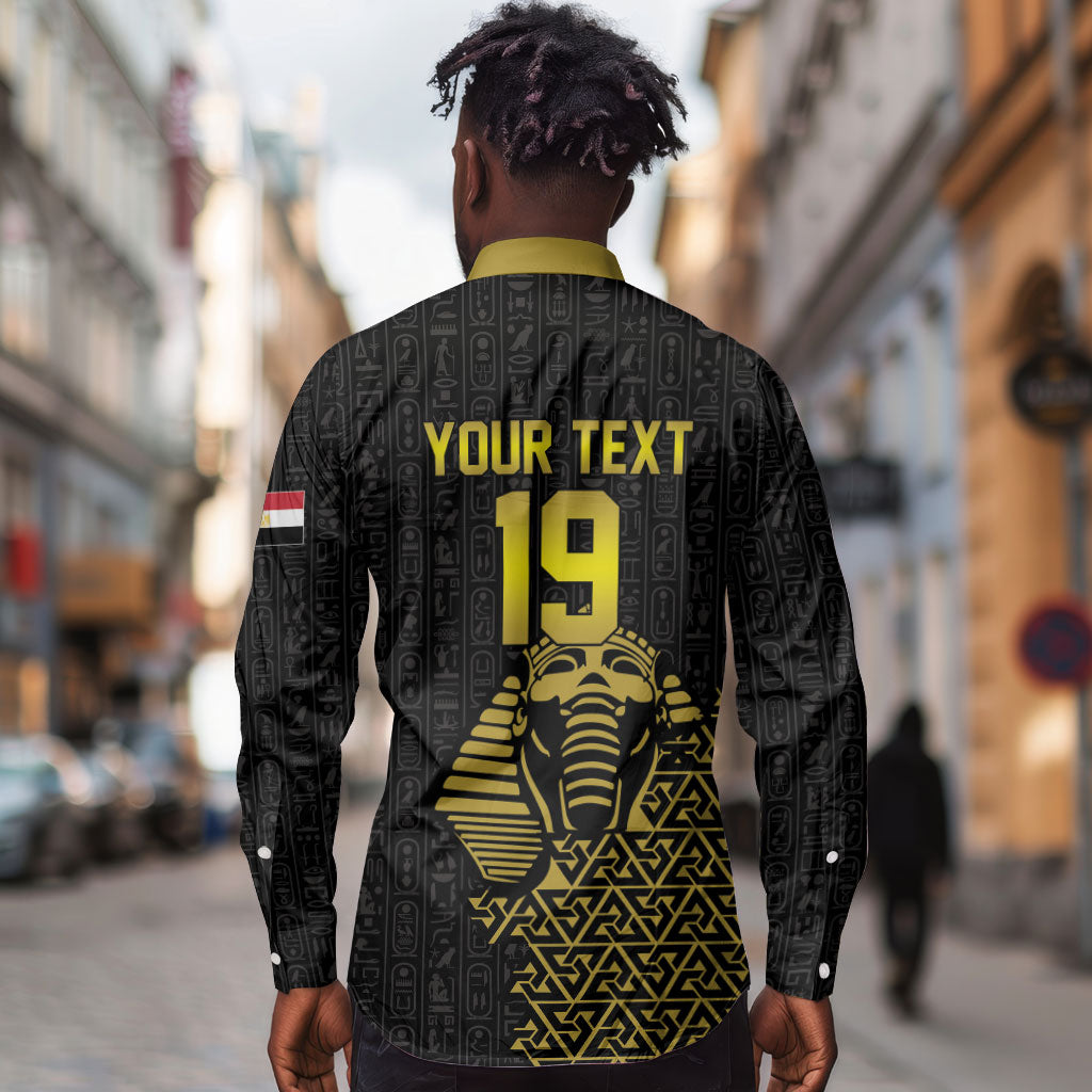 Custom World Football 2026 Egypt Long Sleeve Button Shirt Pharaohs Hieroglyphs Pride Black Version